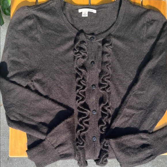 Halogen 100% Cashmere Black Ruffle Cardigan Sweater - Picture 2 of 6